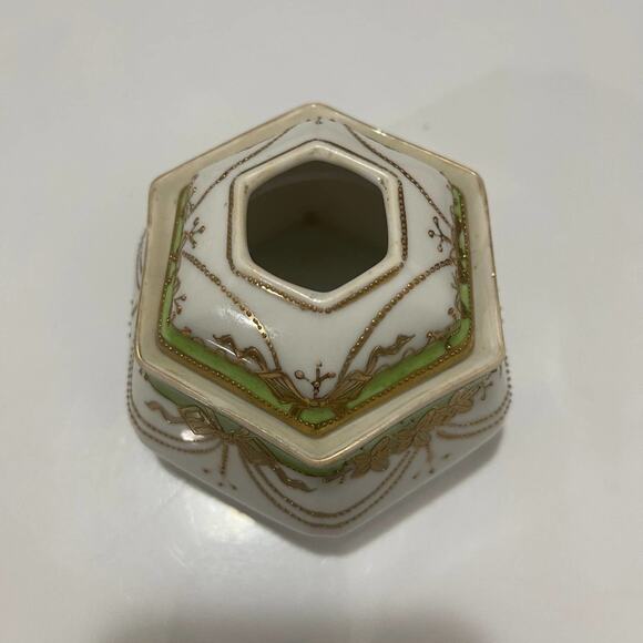 NIPPON Moriage Beading Vintage Hair Receiver Green Gold Hand Painted - Picture 5 of 8